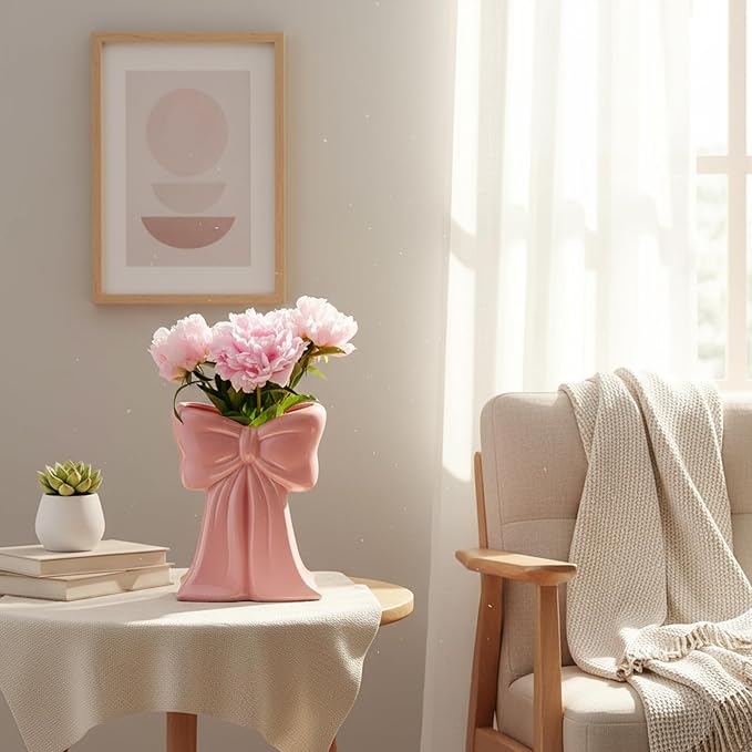Bow Vase Coquette Ceramic Vase Pen Holder Makeup Brush Holder Contemporary Design Decorative Women Gift for Christmas Home Office Shelf Table Room(Soft Pink,Medium,Elegant)