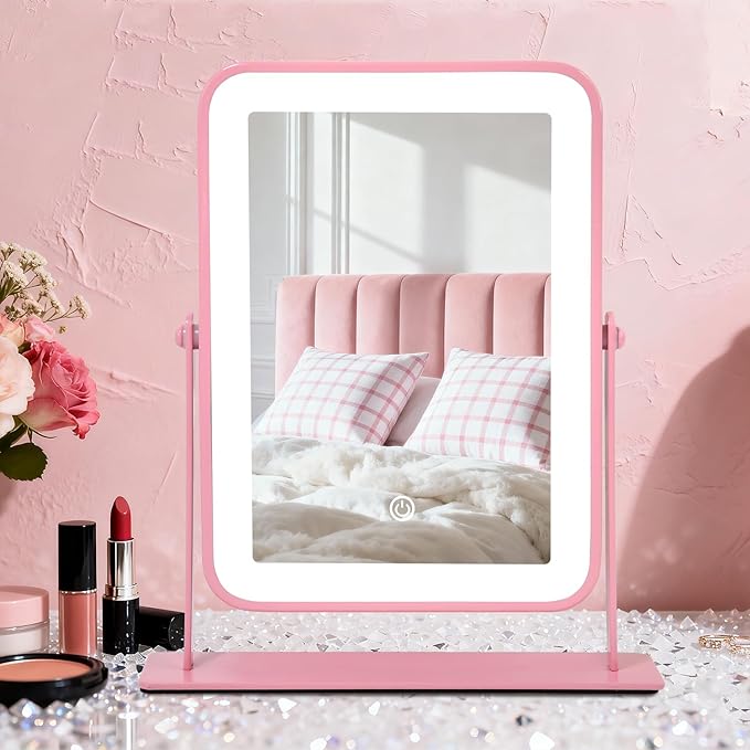 YEKKOPT Portable Desk Vanity Mirror with Lights,11"×9" Small Pink Rechargeable Makeup Mirror with Lights,Smart Touch Screen with 3-Color Lighting,Dimmable,for Dorm Tabletop,Bedroom,Decor