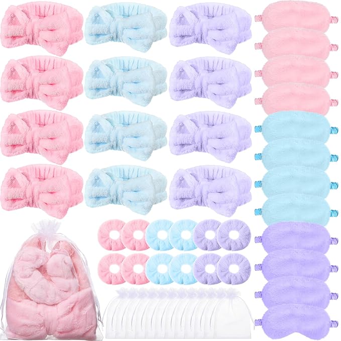 Mimorou 48 Pieces Galentine Spa Party Supplies 12 Spa Headband 12 Plush Sleep Eye Mask 12 Velvet Scrunchies 12 Organza Bags for Sleepover Slumber Party Favors Valentine Gift(Pink,Blue,Purple)