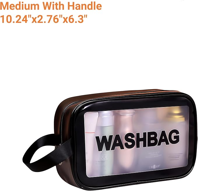 Waterproof Clear Frosted Travel Toiletry Bag For Men & Women: 3-Size Handle Cosmetic Case + 4 Pre-Labeled 2Oz Bottles & Sticker. Large Washbag Organizer. (Classic Black)