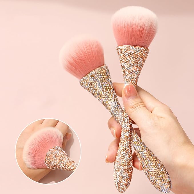 WOKOTO 1pcs Gold Rhinestone Nail Dust Brushes For Acrylic Nails Powder Remover Brushes Loose Face Cosmetics Blending Liquid Foundation Powder Make Up Brushes Nail Trimming Cleaning Tools