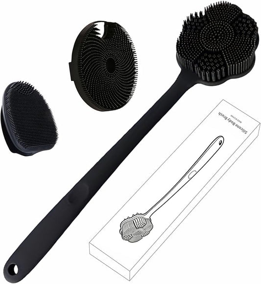 Back Scrubber & Face Scrubber Brush for Shower - 15 Inch Long Handle Double Sided Silicone Body Brush for Exfoliation & Massage, Soft Facial Cleansing Brush, Rich Lathering for Deep Cleansing (Black)