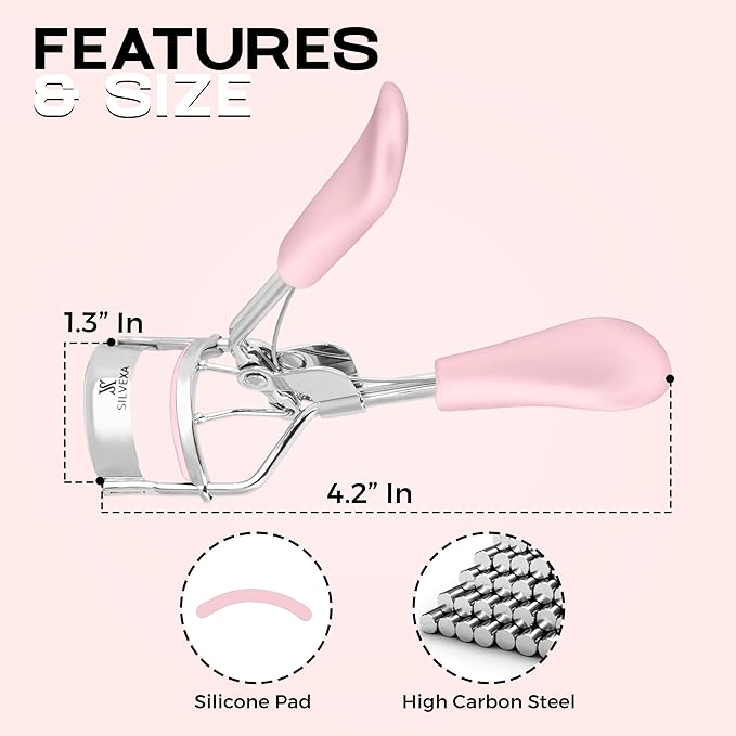 Eyelash Curler with Comfort Grip – Professional Stainless Steel Lash Curler with Soft Silicone Pads | No-Pinch, Long-Lasting Curl for All Eye Shapes | Ergonomic Handle Makeup Tool (Pink)