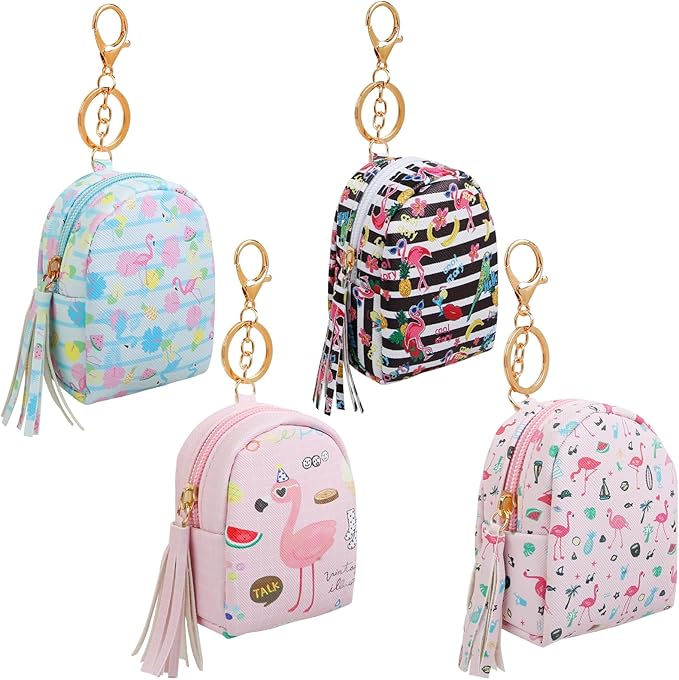 4Pcs Mini Backpack Keychain,Cute Cosmetic Bag for Women,PU Leather Makeup Bag Key Pocket Lipstick Bag Card Holder Data Cable Organizer Zipper Pouch (Flamingo gifts)