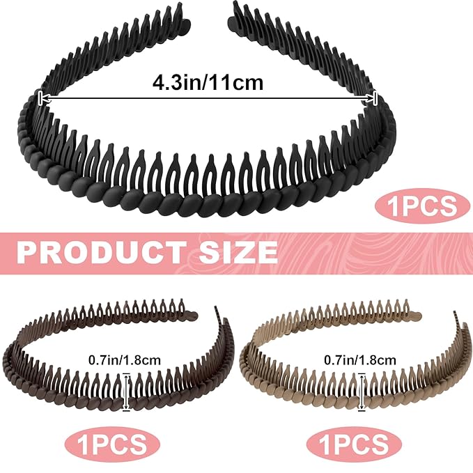 3 Pcs Headband with Teeth, Comfortable Headbands for Women with Teeth, Fashion Comb Headband, Plastic Head Bands for Women's Hair Non Slip (4.3''×0.7'', Black, Coffee, Khaki)