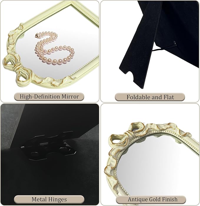Cream Bow Mirror - 13x10 Inch Perfect Elegant Decorative Accent, Wall-Mounted Tabletop Makeup Mirror for Nursery Baby Room Bedroom Decor