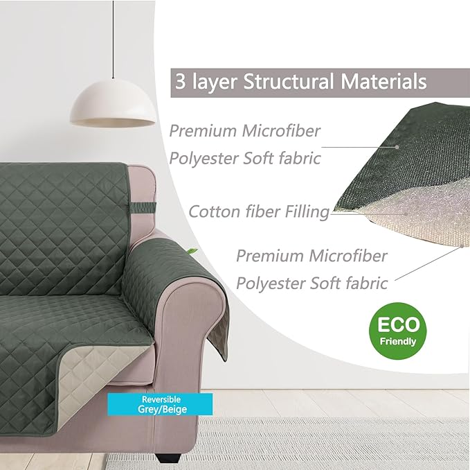 U-NICE HOME Loveseat Sofa Cover Reversible Couch Covers for 2 Cushion Couch for Dogs Furniture Protector Cover with Elastic Straps Water Resistant(Loveseat Small, Grey/Beige)