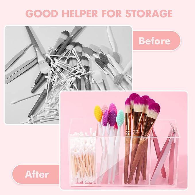 1 Pack 4 Compartment Acrylic Makeup Organizer with Lid Lash Cart Organizer for Lash Techs Bathroom Storage with 4 Tray Eyelash Mascara Brushes Supplies Brush Holder for Cosmetics or Office Supplies