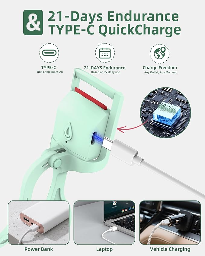 Heated Eyelash Curler, 5s Fast Heating Electric Eyelash Curler, Safe Anti-Burn Eyelash Curlers with Silicone Pad, Type-C Quick Charge, Intelligent Temp Control, 24H Long-Lasting Curls (Green)