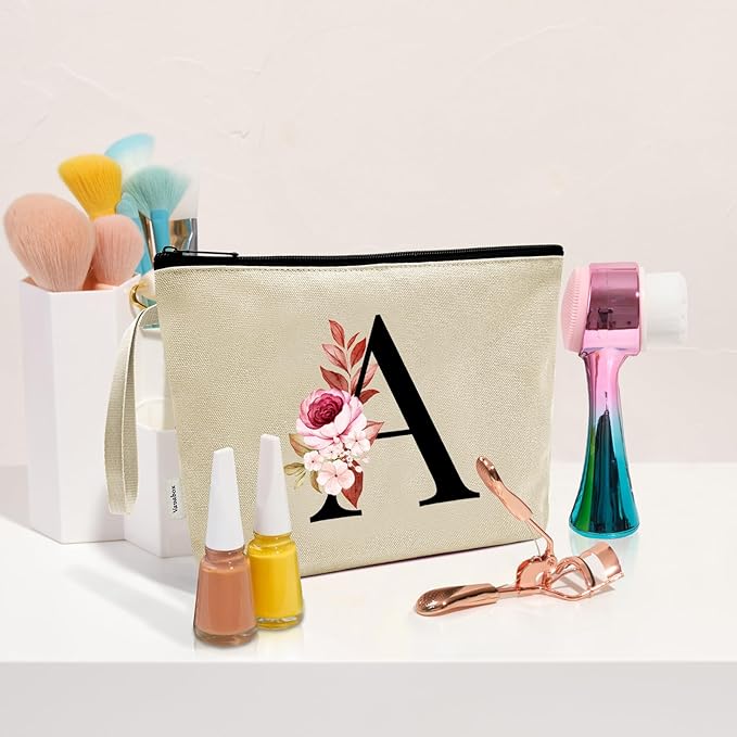 Vavabox A-Z Personalized Makeup Bag, Birthday Gifts for Women Mom, Gifts for Best Friend, Bride Bridesmaid Cosmetic bag (A, Yellow)