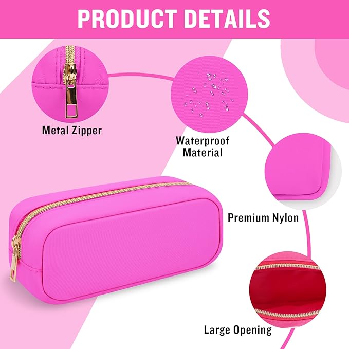 Iqimott Hot Pink Makeup Bag Nylon Small Makeup Bag, Preppy Slim Cosmetic Bag Compact Makeup Brush Pouch Toiletry Bag, Waterproof Zipper Purse Travel Coin Pouch Storage Bag for Women Girls Teens