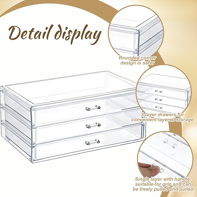 Acrylic Drawers Stackable Clear, 9.3 X 5.3 X 4 Inch Stackable Makeup Organizer Acrylic 3 Drawer Storage Organizers Clear Stationery Organizer for Dresser, Bathroom, Vanity, Countertop