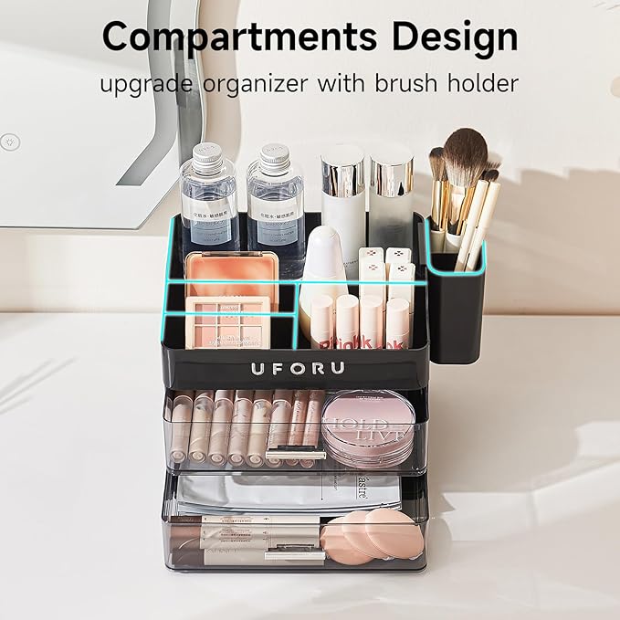 Makeup Organizer for Vanity with Brush Holder, Countertop Skincare Organizer with 2 Drawers, Spacious Cosmetic Display Case for Perfumes, Cologne, Shaving Lotion