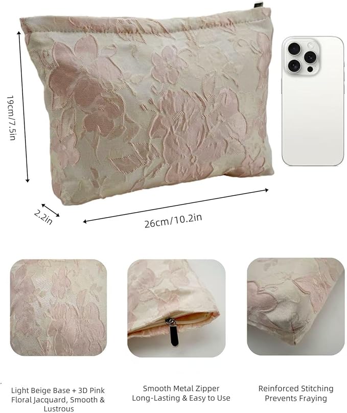 D Embossed Floral Makeup Bag - Large Capacity Pink Textured Cosmetic Organizer | Travel Toiletry Pouch for Women (Elegant Flower Pattern, Durable Fabric)