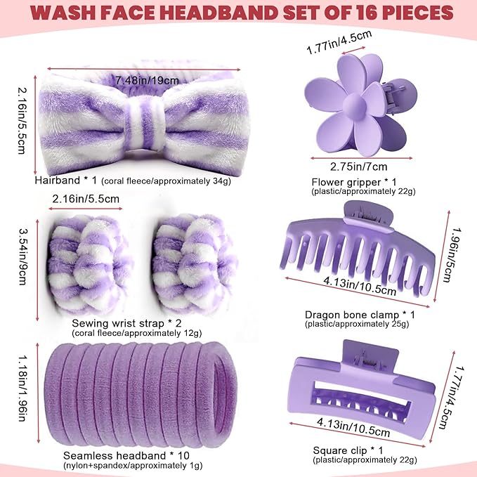 16 Pcs Skincare Headband Set, Face Washing Headband with Wristbands, Hair Claw Clips & Hair Ties, Spa Headbands for Women Girls, Perfect for Facial, Makeup, Shower, Gift Ready Box