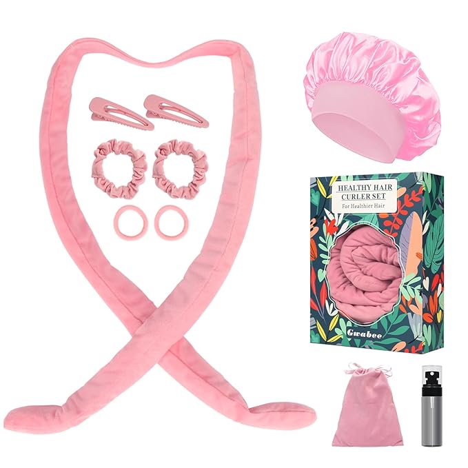 Hair Curlers to Sleep In, No Heat Curling Headband, Soft Overnight Curls Headband with Satin Bonnet, Non Heat Hair Curler Rollers Wrap Set for Women Girl Long Hair, 10 PCS with Gift Box -Pink