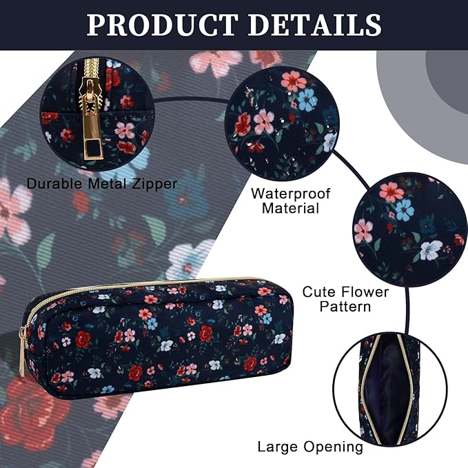 Nylon Floral Small Makeup Bag Slim Pouch, Cute Preppy Makeup Brush Bag Portable Make up Pouch with Zipper, Waterproof Travel Toiletry Bag Coin Purse Storage Organizer for Women Girls(Black Rose)