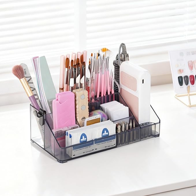 Acrylic Nail Drill Holder Stand- 13 Holes Nail Drill Bits Holder & 40 Holes Nail Pen Brushes Tools Organizer- Professional Nail Desk Organizer Case Storage Box for Manicure Tools