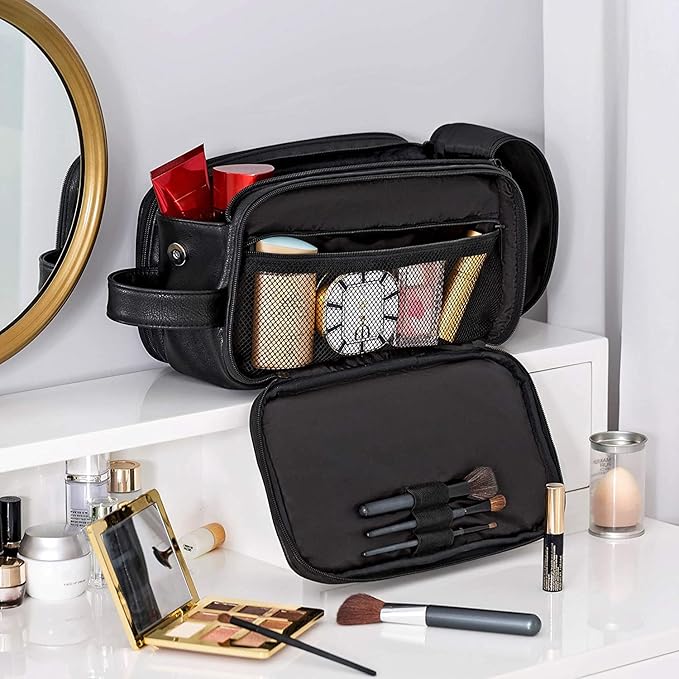 Elviros Travel Toiletry Bag for Men, Shaving Dopp Kit Water-resistant Bathroom Small Toiletries Organizer PU Leather Cosmetic Bags