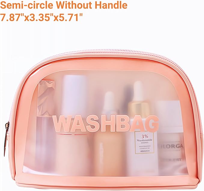 Waterproof Clear Frosted Travel Toiletry Bag For Men & Women: 3-Size Handle Cosmetic Case + 4 Pre-Labeled 2Oz Bottles & Sticker. Large Washbag Organizer. (Soft Pink)