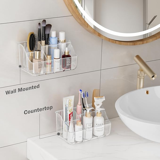 2-Pack Clear Wall-Mounted Toothbrush Holders for Bathroom Organizers and Storage, Tooth Brush & Toothpaste Holder for Countertop or Wall