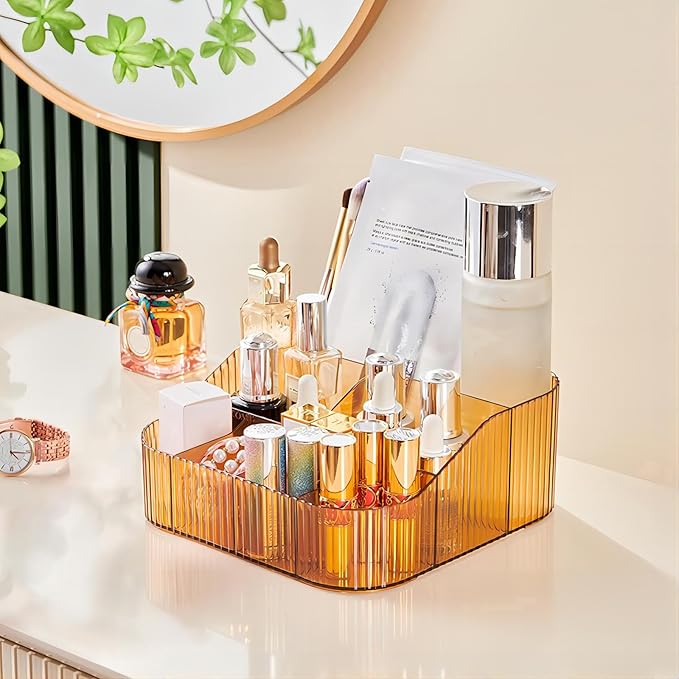 DASITON Large Capacity Makeup Brush Holder,8 Slot Makeup Brush Cup,Vintage striped Make Up Brush Holder,for Vanity Decor,Bathroom Countertops,Desk Storage Container,Cosmetic Display cases(Yellow-XL)