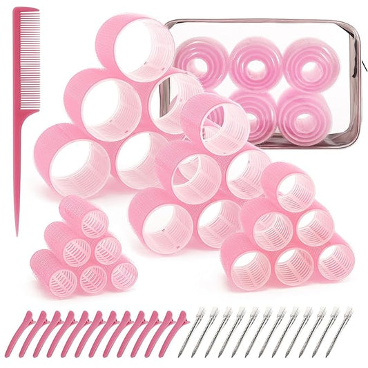 4 Sizes Hair Rollers Set with Clips - 50 Pcs Hair Curlers Rollers for Women, Self Grip Holding Hair Roller for Hair Long Medium Short Bangs Thick Fine Volume Thin, Pink