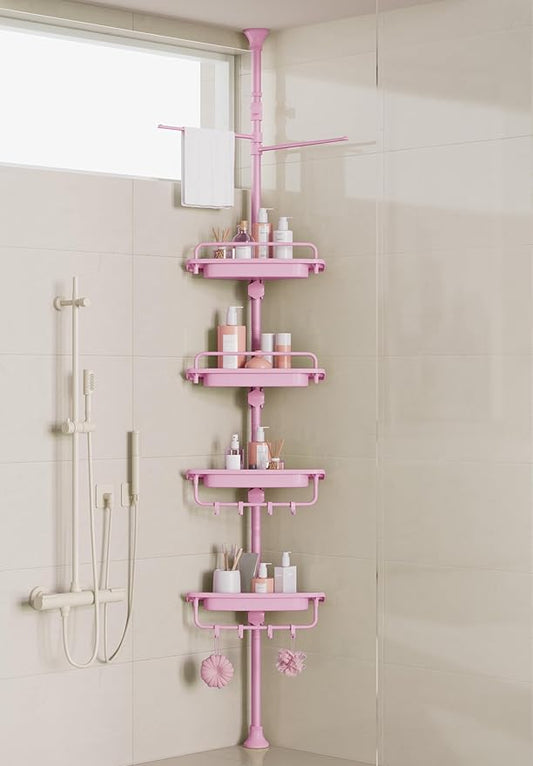 32-122inch Corner Shower Caddy Tension Pole Pink, Rustproof Drill-Free Shower Shelves for Bathroom Bathtub Washbasin, Adjustable Shower Organizer with 4 Tier Patent Stable Shelves & Towel Bars
