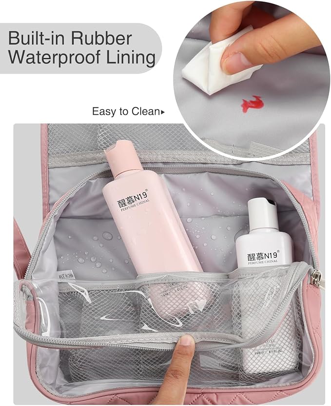 Relavel Travel Hanging Toiletry Bag, Travel Kit Shaving Bagfor Men Women, Waterproof Makeup Bag, Large Wash Bag Makeup Organizer, Toiletries Case for Bathroom Nude Pink