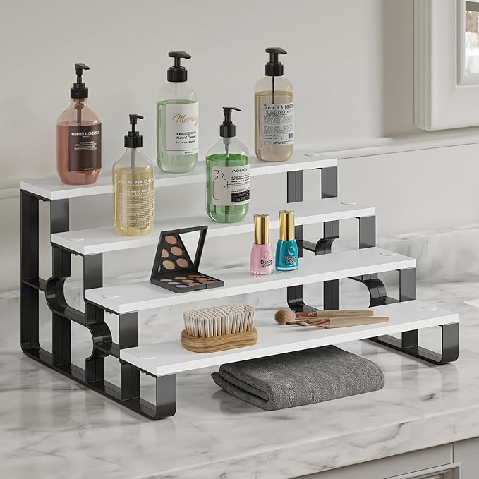Wooden Bathroom Countertop Organizer,4 Tier Cologne and Perfume Organize for Men,Display Riser Stand for Bedroom Vanity,Bathroom Storage Shelf(White,4 Tiers-Width=11.2")