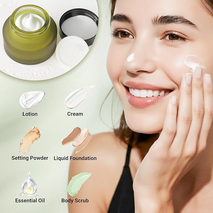 Segbeauty 1.7oz Green Frosted Glass Jar with Lid, Empty Cosmetic Containers Sample Jars Small, Refillable Travel Bottles for Toiletries 4pcs 50ml, Empty Matte Travel Containers with Spatulas