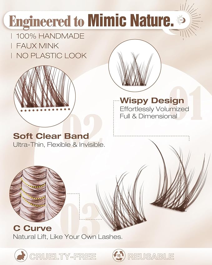 Brown Lash Clusters Kit 8-12MM Natural Cluster Eyelash Extensions Kit Wispy Cluster Lashes Dark Brown Individual Lashes C Curve Eyelash Clusters Short 144Pcs Pestañas Postizas Marrón
