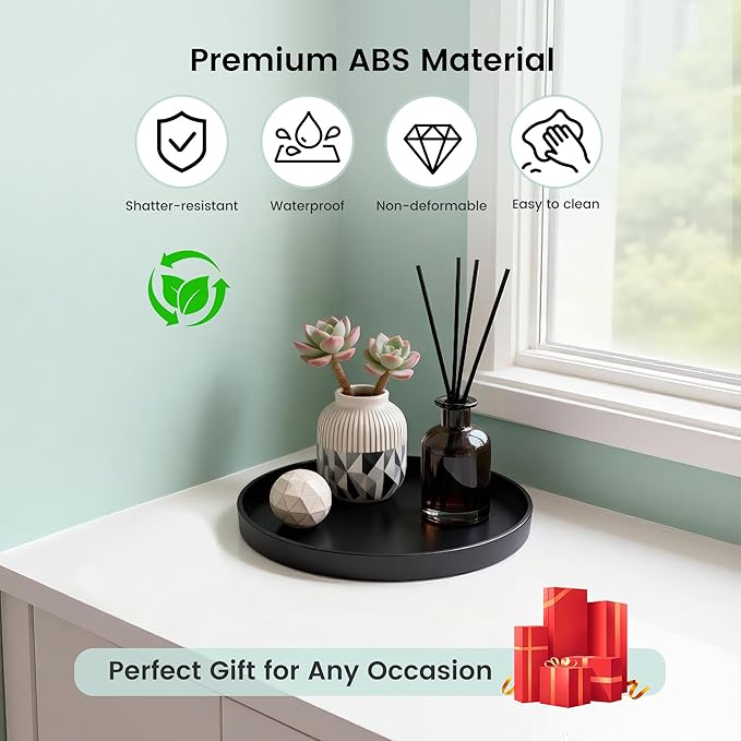 2 Pack 9" Bathroom and Vanity Tray, ABS Bathroom Counter Organizer， Coffee Table Decor for Perfume, Candles, Keys &More. Kitchen Countertop Organizer, Decorative Tray Soap Holder, Black