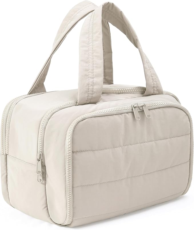 Travel Toiletry Bag for Women, Large Wide-open Puffy Cosmetic Makeup Bag with Wet-Dry Separation, Multi-Pocket Organizer with Carry Handle for Toiletries, Cosmetics, Essentials, Beige