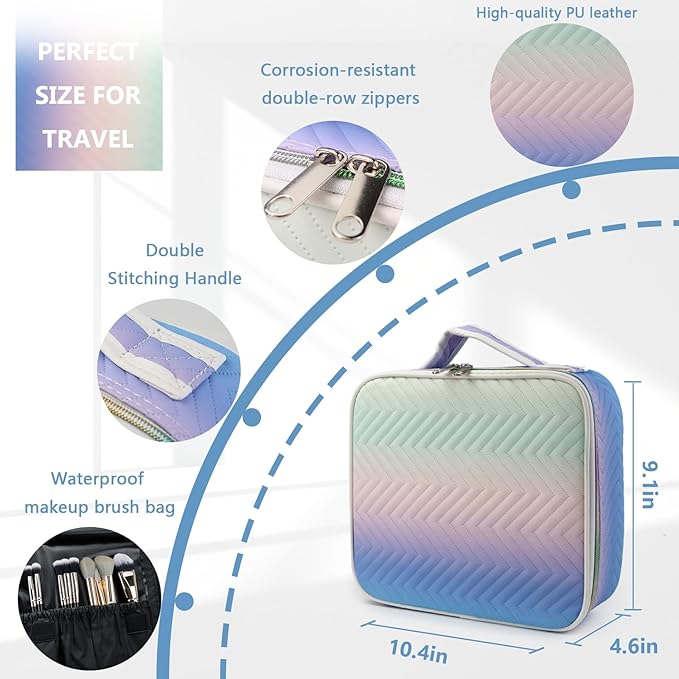 Travel Makeup Case 4 Layers Portable Makeup Train Case Cosmetic Bag Organizer Storage for Women with Adjustable Dividers and Shoulder Strap for Toiletry Travel Accessories(gradient purple)