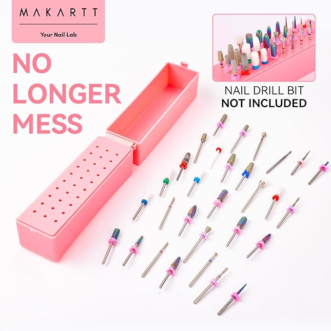 Makartt Nail Drill Bits Holder,Dustproof Stand Displayer Organizer Container Case 30 Holes drill bit holder nail tech Professional Nail art Tools(Not Inlcude Drill Bits,Light Pink)