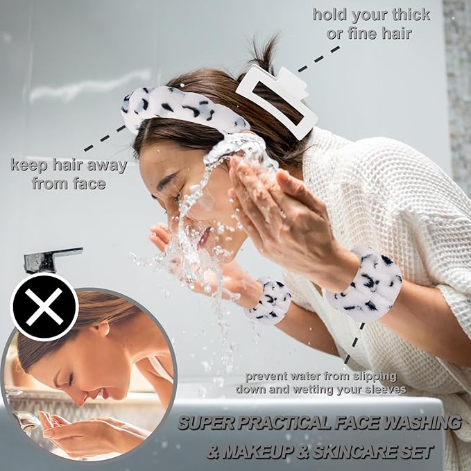 Canitor Spa Headband Wrist Bands with Hair Clips Dalmatian Print Makeup Skincare for Washing Face Skin Care Preppy Teen Girl Gifts Cute Trendy Stuff Hair Accessories for Women
