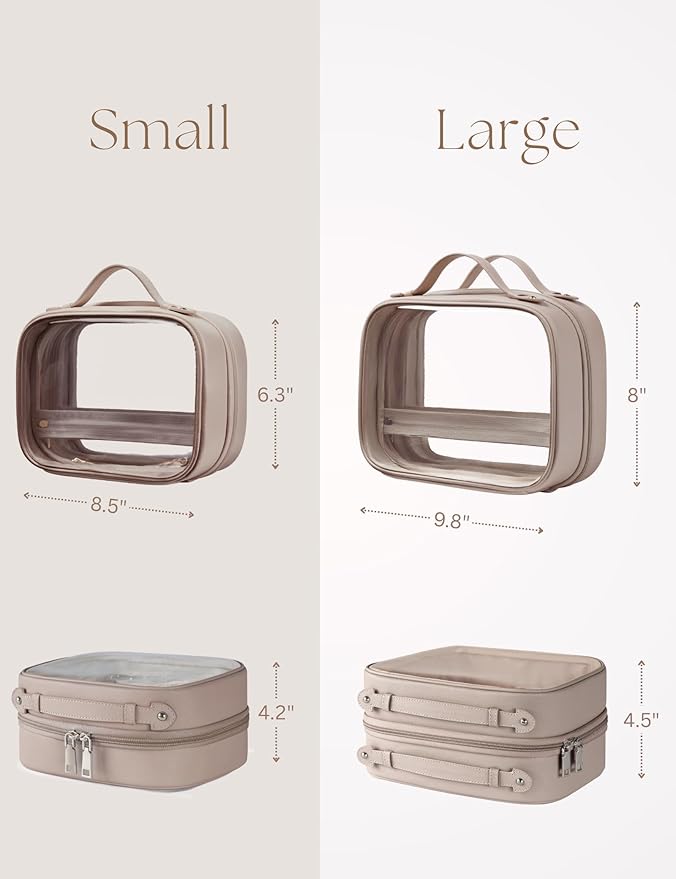 Clear Cosmetic Bag Double Layer Travel Toiletry Bag Clear Makeup Bag Case with 4 Compartments, Transparent Travel Bag for Toiletries, Large Toiletry Bag for Women Cosmetic Case (Taupe, Large)