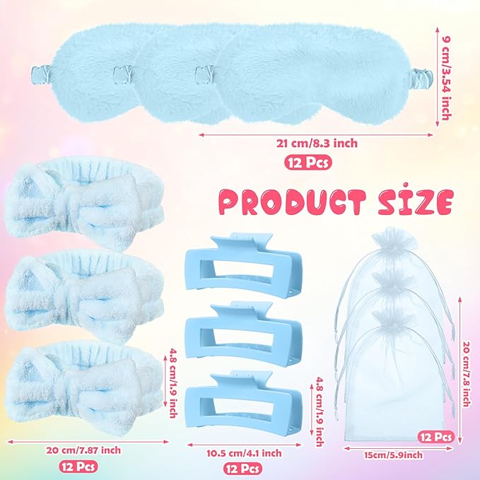48 Pcs Galentine Spa Party Supplies Sleepover Essentials 12 Spa Headband 12 Plush Eye Mask 12 Claw Clips 12 Organza Bag for Adult Slumber Party Supplies Valentine Gift(Blue)