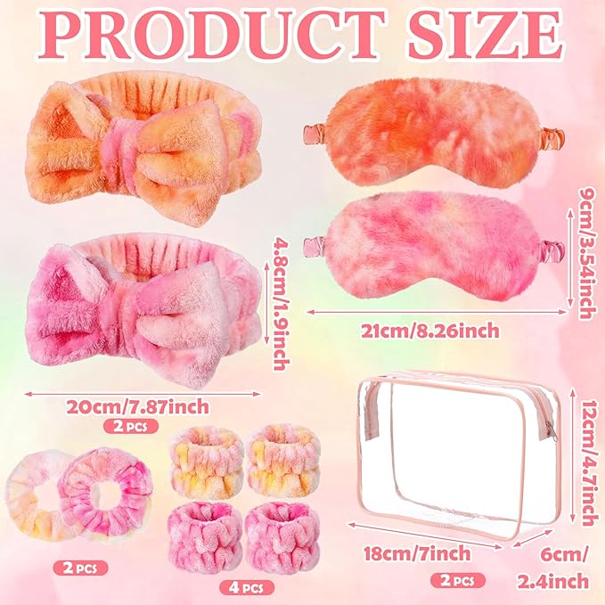 Hoteam 10 Pcs Galentine Spa Party Supplies Valentine Gift Set Sleepover Party Favor Spa Headband Wristband Sleep Eye Mask Velvet Scrunchies for Skin Care Makeup Slumber Night Favor(Tie Dye Orange)
