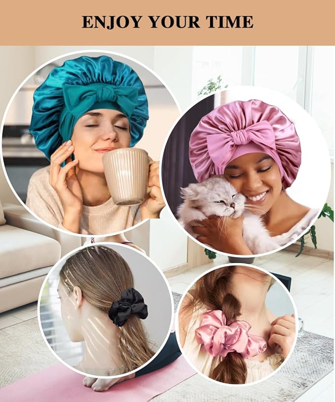 2+3 Large Satin Bonnets with Scrunchies for Women, Hair Bonnet Sleeping Tie Bonnet for Braids Curly Hair