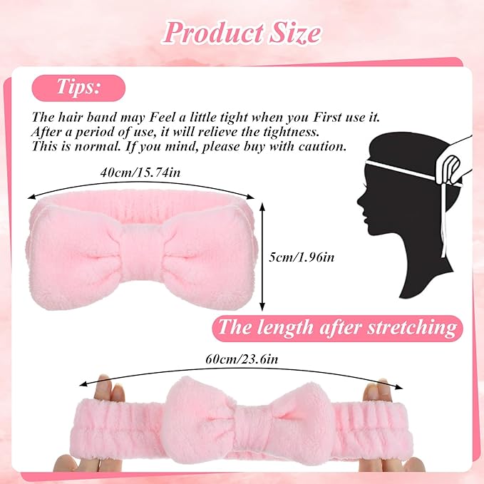 20 PCS Spa Headband, Makeup Headbands for Girls, Non-slip Wide Facial Headband for Washing Face, Spa, Skincare & Sleeping, Soft Flannel Bowtie Design (Pink)