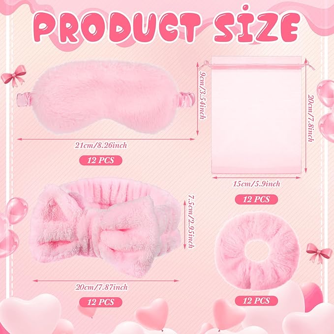 Mimorou 48 Pieces Galentine Spa Party Supplies 12 Spa Headband 12 Plush Sleep Eye Mask 12 Velvet Scrunchies 12 Organza Bags for Sleepover Slumber Party Favors Valentine Gift(Pink)