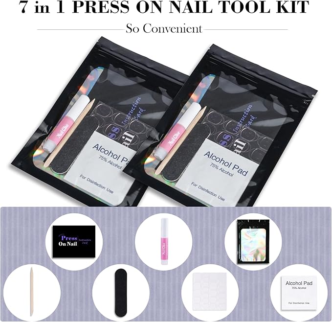 Disposable Nail Supplies Kits,Professional Manicure Press On Nail Tool Kit With Nail File,Adhesive Tabs,Nail Glue,Sticks, Prep Pads,Bags,Cards for Nail Business (Black-350pcs50set)