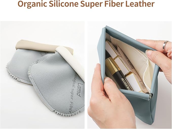 2 Pack Small Makeup Bag for Women, New Organosilicon Super Fiber Leather Mini Cosmetic Bag for Travel, Coin Purse Organizer Storage Pouch (Blue)