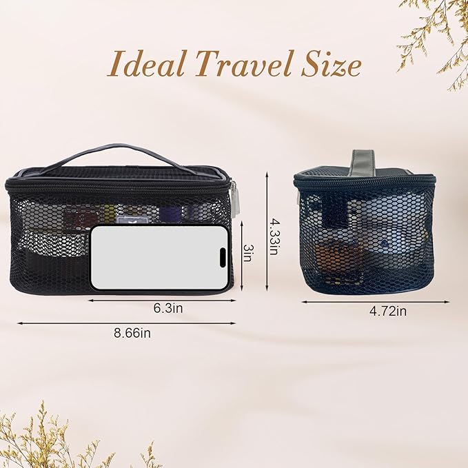 Mesh Makeup Bag, Breathable Cosmetic Bags with Zipper, Travel Lightweight Make Up Organizer Mesh, Toiletry Bag with Handle for Women Girls Gift, Black