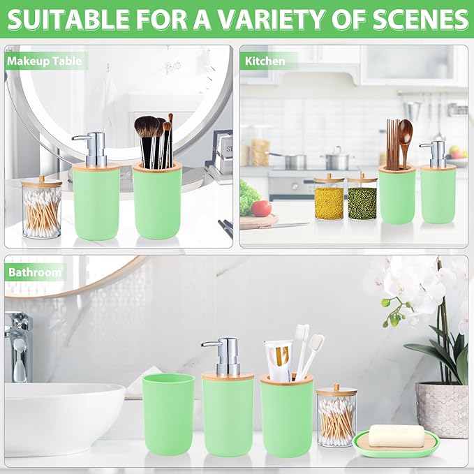 iMucci Bathroom Accessories Set 5Piece Green Bathroom Sets, Toothbrush Holder, Toothbrush Cup, Soap Dispenser, Soap Dish and Qtip Holder Bathroom Decor
