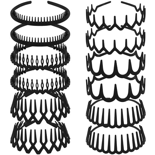 12Pcs Black Zigzag Headbands with Teeth for Women's Hair Non Slip, Plastic Wavy Skinny Head Bands Comb Fashion Hair Accessories–6 Styles, Versatile Use