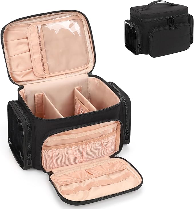 Travel Makeup Bag, Lightweight Large Makeup Bag Organizer for Women Girls with Makeup Brush Compartment & Two Side Pockets, Cosmetic Travel Bag Vertical Storage- Black02