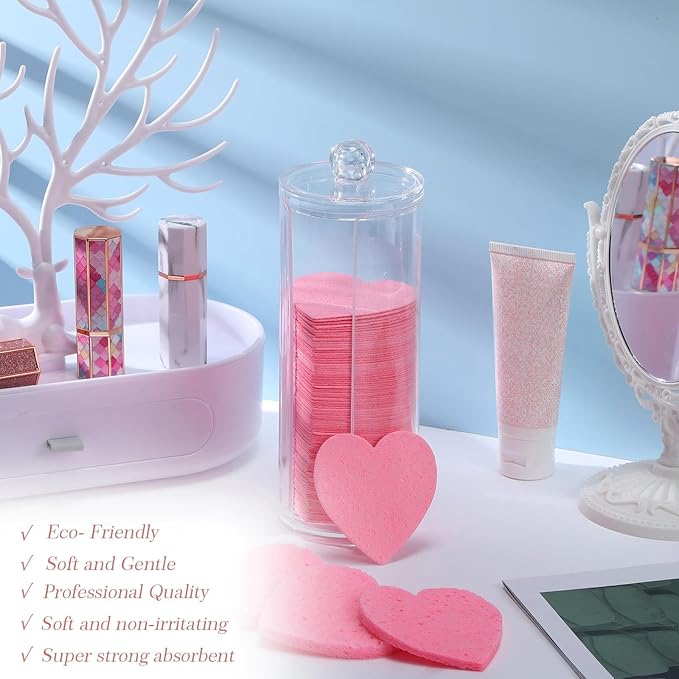 Sieral 120 Pcs Compressed Facial Sponges with Container Disposable Face Sponge Pads for Washing Face Cleansing Exfoliating Esthetician Makeup Removal(Heart,Pink)